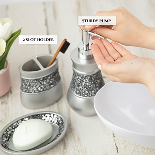 Creative Scents Crackled Glass Silver Bathroom Accessories Set Complete - 6 Piece Bathroom Accessory Set Includes: Trash Can, Tissue Box Cover, Soap Dispenser, Toothbrush Holder, Soap Dish & Tumbler - style: 6 Pc Set 01