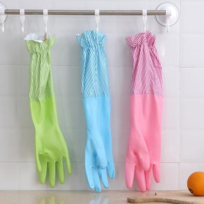 RARITYUS Household Kitchen Cleaning Gloves Waterproof Cotton Lined Dishwashing Non-Slip Long Cuff Gloves - color: A Pink