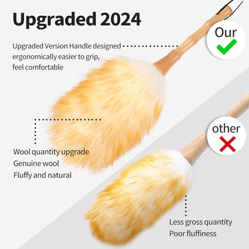 Feather Duster, Lambswool Duster for Cleaning,with Solid Wooden Handle,Leather Hang Strap,Anti-Static 14.9 inch Washable Reusable Small Hand Duster(Natural) for Office, Home and Car - size: 14.9inch