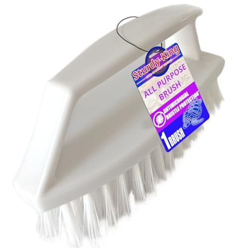 Scrub Brush Unbreakable Handle 6" White, Stiff Heavy-Duty Bristles Tough on Baked-on Grime Dishes Pots Grill Tub Shower Bathroom Tile Grout Floor Concrete Tires Carpet Unbreakable Handle