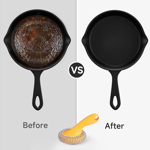 SUBEKYU Cast Iron Scrubber with Silicone Handle, Stainless Steel Skillet Cleaner for Cast Iron Pans (Yellow Scrubber + Scraper) - color: Yellow Scrubber + Scraper