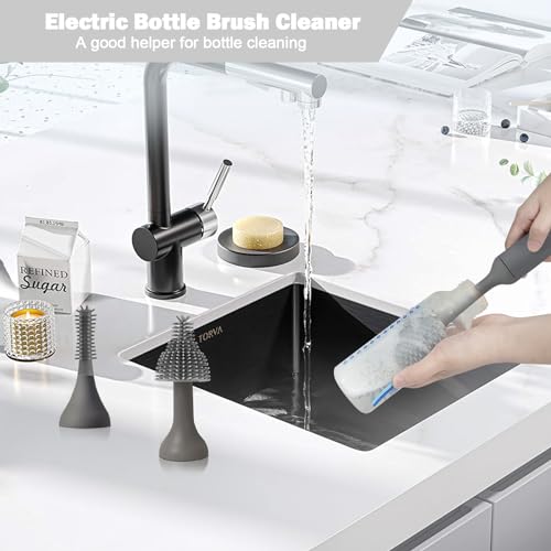 Electric Baby Bottle Brush Set with Rechargeable Electric Bottle Brush Cleaner and Replaceable Silicone Bottle Brushes and Straw Brush Cleaner, Waterproof Multi-Purpose Cleaning Brush（Grey） - color: Gray