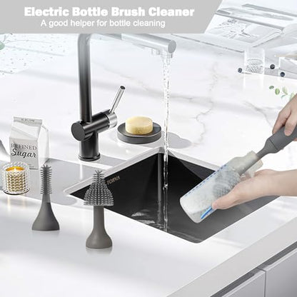 Electric Baby Bottle Brush Set with Rechargeable Electric Bottle Brush Cleaner and Replaceable Silicone Bottle Brushes and Straw Brush Cleaner, Waterproof Multi-Purpose Cleaning Brush（Grey） - color: Gray