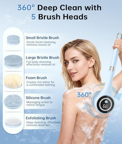Electric Body Brush Back Scrubber for Shower, Waterproof Rechargeable Auto Bath Brush with Long Handle, 5 Replaceable Heads & 3 Speeds, Deep Cleansing Exfoliating Massage Spin Scrubber for Men & Women - color: Blue.