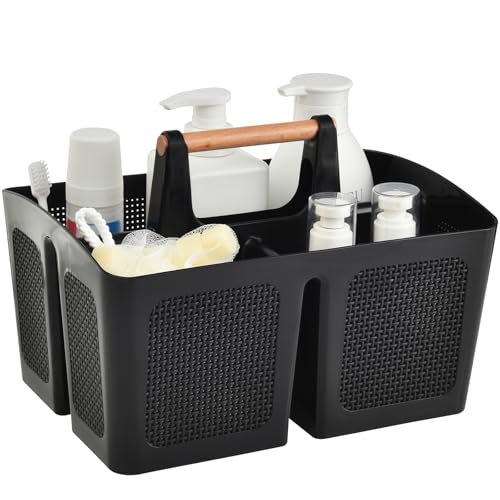 ALINK Portable Shower Caddy Basket with Compartments, Plastic Divided Cleaning Caddy Organizer Storage Tote with Handle for Bathroom, College, Dorm Room Essentials, Black - color: Black