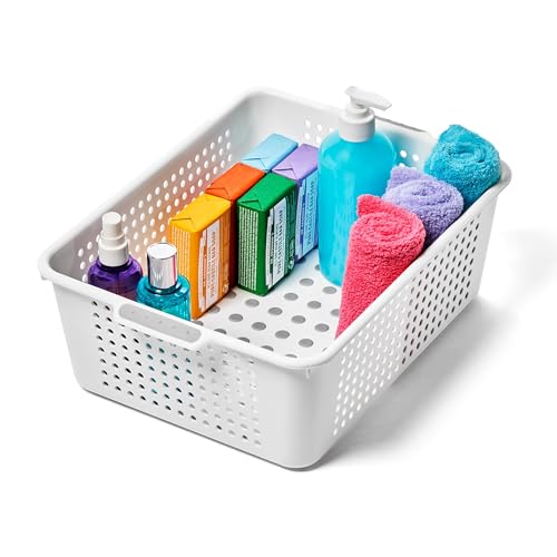 madesmart Medium Storage Basket, Multipurpose Organizer with Soft-Grip Handles, Ventilated Design for Laundry, Bath & Kitchen Storage, White, 14 x 10 x 5" - size: Medium