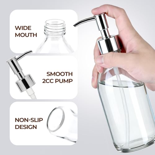 8 oz Clear Glass Pump Bottle, 250ml Small Lotion Dispenser Bottle for Body Massage Oil, Refillable Empty Hand and Dish Soap Dispensers Set with Plastic Silver Pump, Labels - 2 Pack - color: Clear With Silver Pump