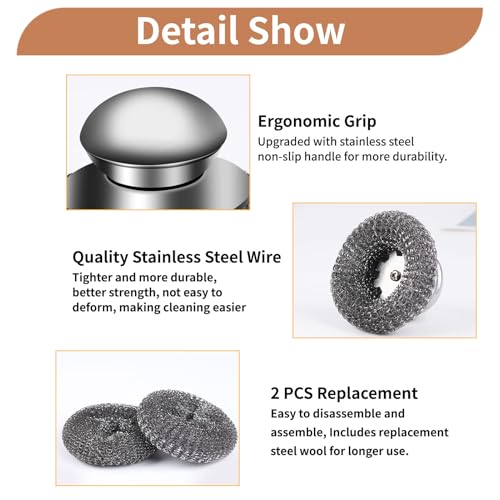 4pcs Steel Wool Scrubber with Replacement Wire Sponge Pads Set, Stainless Steel Scrubber with Handle for Scouring Stubborn Messes from Cast Iron, Pots, Pans, Grill, Stoves, Sink(2 Scrubber+2 Pads)