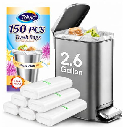 2.6 Gallon 150 Counts Small Trash Bags Garbage Bags by Teivio, Bathroom Trash Can Bin Liners, Small Plastic Bags for home office kitchen, Clear