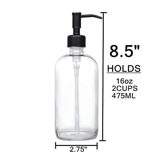2 Pack Thick Clear Glass Pint Jar Soap Dispenser with Oil Rubbed Bronze Stainless Steel Pump, 16ounce Clear Boston Round Bottles Dispenser with Rustproof Pump for Essential Oil, Liquid Soap - color: Oil Rubbed Bronze