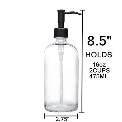 2 Pack Thick Clear Glass Pint Jar Soap Dispenser with Oil Rubbed Bronze Stainless Steel Pump, 16ounce Clear Boston Round Bottles Dispenser with Rustproof Pump for Essential Oil, Liquid Soap - color: Oil Rubbed Bronze