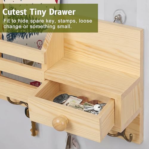 Key Holder Wall Mount, Wooden Adhesive Mail and Key Organizer with Drawer, Small Shelf, 8 Hooks, 2 Installation Methods, Natural - color: Natural