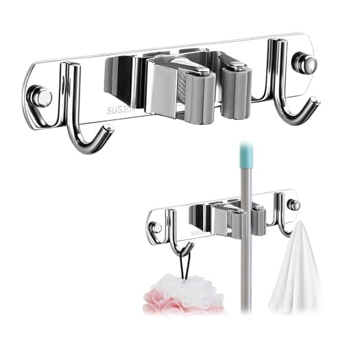 Upgrade Broom Holder Wall Mount, 304 Stainless Steel Mop & Broom Storage Organizer with Hooks, Self-Adhesive or Screw Install for Bathroom Garage Kitchen (grey, 1 Rack and 2 Hooks) - color: grey, size: 1 Rack and 2 Hooks