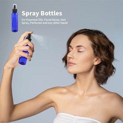 36 Pack Blue Small Spray Bottles 4 oz/120 ml Plastic Spray Bottles, Fine Mist Empty Small Travel Spray Bottle, Refillable Mini Sprayer Empty Bottle Bulk with 10 Funnels and 10 Labels - color: Blue