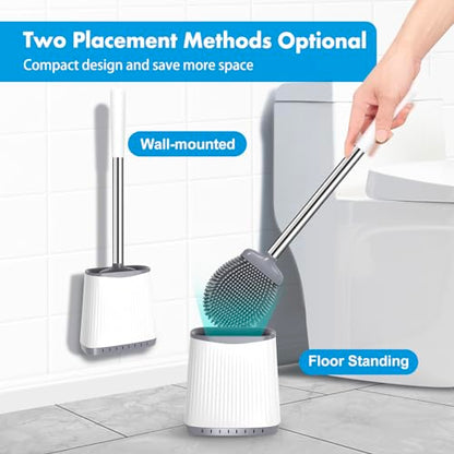 Silicone Toilet Brush and Holder, Flexible Bowl Brush Head with Ventilated Holder, Wall Mounted Compact Set for Bathroom Cleaning