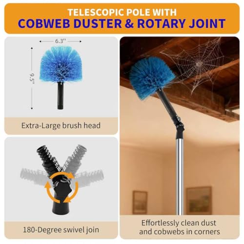 Duster with Extension Pole (20 FT Reach), Light Bulb Changer for High Ceilings & 3-12FT Extension Pole Duster Cleaning Kit, Fan Duster/Cobweb Duster/Window Washing Kit for High Window, Interior Roof