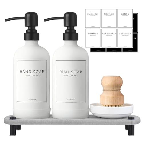 Kitchen Soap Dispenser Set with Instant Dry Tray,16 Oz Hand and Dish Soap White Glass Dispenser Set,Stainless Steel Pump,Waterproof Labels,Dish Brush,Luxury Soap Bottle for Kitchen,Bathroom - color: White Bottle+black Pump