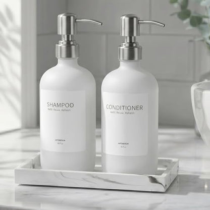 White Glass Dish Soap Dispenser Set for Kitchen, Hand and Dish Soap Dispenser with Stainless Steel Pump & Resin Tray, Perfect for Kitchen,Hotel Rental-Modern Soap Dispenser for Bathroom - color: Matte White