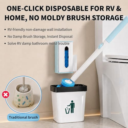 RV Toilet Brush and Holder, Wall Mount Toilet Cleaner with 56 Cleaner Refills, Hands-Free Toilet Bowl Wand Kit for RV Camper & Small Bathroom
