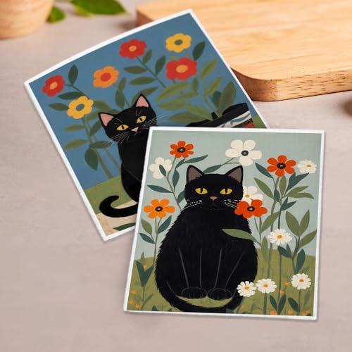 Floral Black Cat Swedish Dishcloths 2 Pack, Reusable Cellulose Sponge Cloths for Kitchen Cleaning, Cute Cat Printed Dish Rags for Kitchen Washing Dishes and Counters