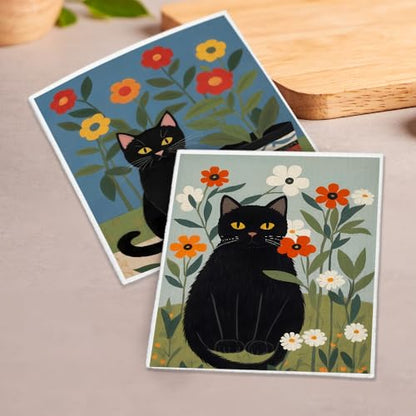 Floral Black Cat Swedish Dishcloths 2 Pack, Reusable Cellulose Sponge Cloths for Kitchen Cleaning, Cute Cat Printed Dish Rags for Kitchen Washing Dishes and Counters