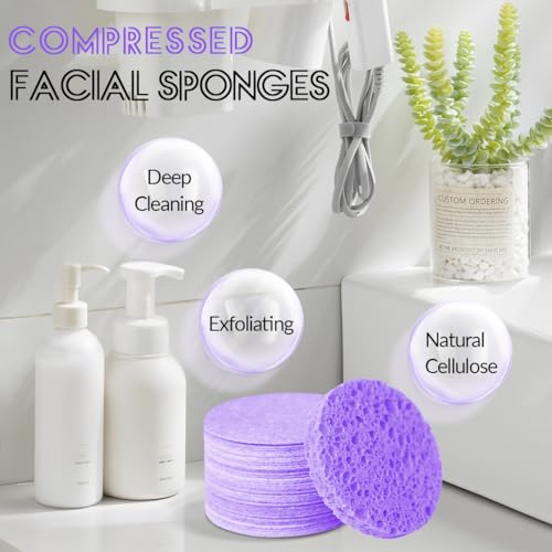 100-Count Facial Sponges Compressed Natural Cellulose Sponge Round Shape Face Sponge for Face Cleansing Exfoliating and Makeup Removal, Purple - color: 100- Pack Purple