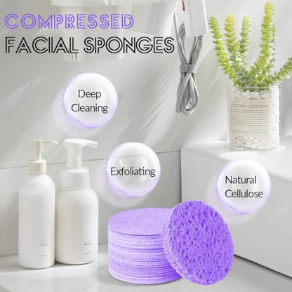 50-Count Facial Sponges Compressed Natural Cellulose Sponge Round Shape Face Sponge for Face Cleansing Exfoliating and Makeup Removal, Purple - color: 50- Pack Purple