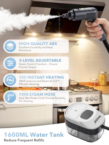 Steam Cleaner 3-Level Adjustable Steamer for Cleaning, 15s Heat-Up, 1.69 Quarts Tank, High Pressure Steamer with 17 pcs Accessories for Kitchen, Bathroom, Grout, Car, Grease, Floor