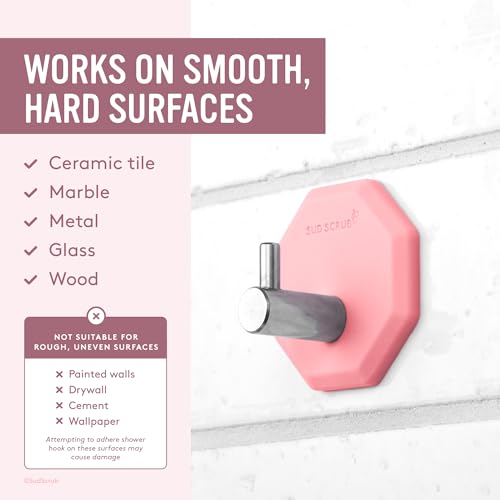 Sud Scrub® Antimicrobial Shower Hook, Self Adhesive Hooks for Shower Wall, Heavy Duty Removable Wall Hooks, Stick On Hooks for Hanging, Bathroom Towel Hook (Pink) - color: Pink