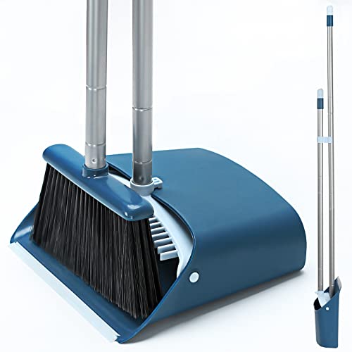 Standing Dustpan and Broom Set with 52" Long Extendable Handle for Home, Indoor, Kitchen Room Office Lobby Floor Cleaning - color: Navy Blue