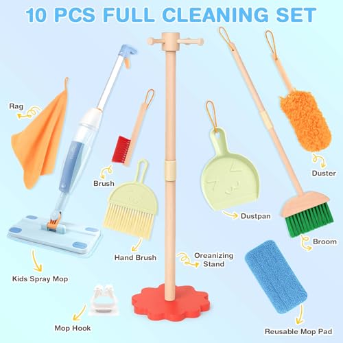 Dreamon Wooden Toddler Cleaning Set - 10Pcs Kids Cleaning Toy Set with Real Working Kids Spray Mop, Montessori Cleaning Toys with Broom and Mop Set for Toddlers Girls Boys Age 3-6 - color: Wooden