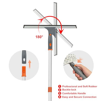 BITOPE Window Cleaner Tool Squeegee for Window Cleaning with 86" Extendable Pole Microfiber & Chenille Pad Squeegy for Exterior High Window Shower Door Glass Car RVs
