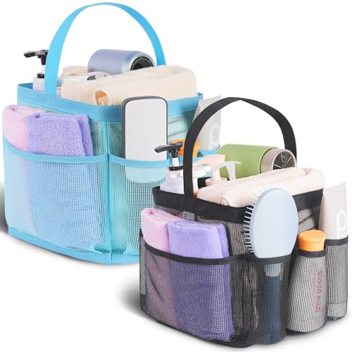EUDELE 2 Pack Mesh Shower Caddy Portable for College Dorm Room Essentials, Shower Caddy Dorm with 8-Pocket Large Capacity,Shower Bag for Beach,Swimming,Gym All Black+All Ice Blue - color: All Black+All Ice Blue