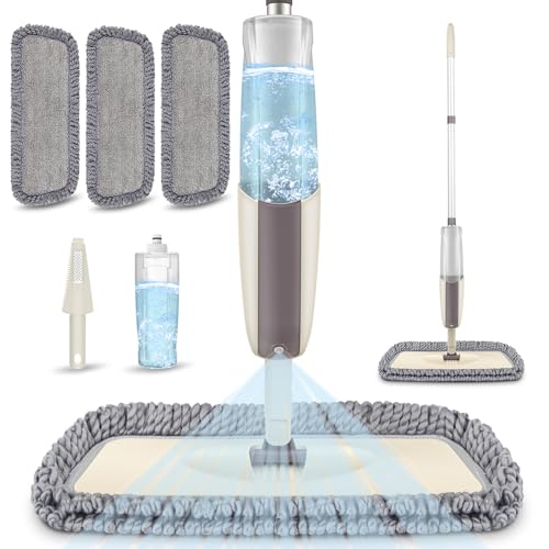 Spray Wet Mops for Hardwood Floor Cleaning - MEXERRIS Microfiber Dust Mop with Spray 3X Reusable Washable Pads - Hard Wood Floor Mops Commercial Home Mop for Laminate Wood Tiles Hardwood Vinyl - color: Beige