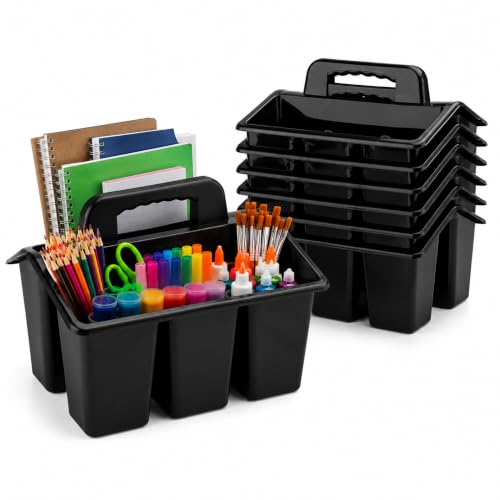 Classroom Caddy with Safe Handle, 6 Pack Plastic Organizer with 4 Compartments, Teacher & Kids Supply Caddy for Crayons, Markers, Desk, Cleaning & Bathroom Storage (Black) - color: Black