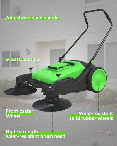 41" Industrial Walk-Behind Hand Push Floor Sweeper | 14.5 Gallon Large Capacity, 46000 SqFt/Hour, Indoor, Outdoor Use Cleaning of Dust Litter Grass - color: Green