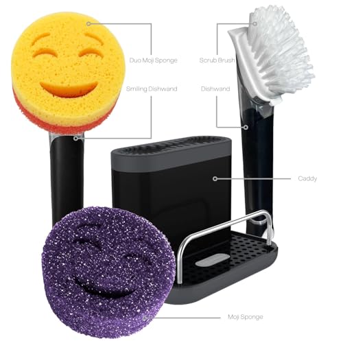 The Original Smiling Handle with Soap Dispensing for Scrub Daddy Sponges & Scrub Moji Sponges with Smilyeez Smile Caddy & Dishwand with 2 Scrub Brushes (Black) - style: Black with Brush Dishwand