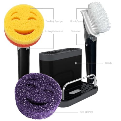 The Original Smiling Handle with Soap Dispensing for Scrub Daddy Sponges & Scrub Moji Sponges with Smilyeez Smile Caddy & Dishwand with 2 Scrub Brushes (Black) - style: Black with Brush Dishwand