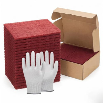6"x9" Maroon Scuff Pads, 320-400 Grit Very Fine, 20 Pack | Aluminum oxide pads for auto paint prep & wood sanding. Set includes exactly 20 scuff pads, work gloves & Kraft storage box.