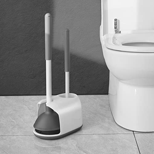 Eyliden Toilet Plunger and Brush Set, 2-in-1 Compact Holder | Unclogs Toilets, Deep Cleans Bowls, Nylon Bristles, Rubber Cup, Durable Plastic Caddy, Space-Saver, Bathroom Cleaning Tools - color: White & Grey