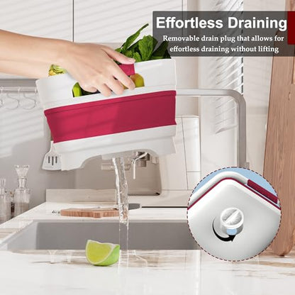 2.4 Gal Collapsbile Wash Basin with Drian Plug,9L Dish Pan for Soaking Baby Bottles,Portable Sink, Multiuse Foldable Bucket,Ice Beverage Tubs for Camping, Vegetable Washing, RV (Viva Magenta) - color: Viva Magenta