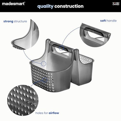 madesmart Large Portable Shower Caddy, Hold Soap, Shampoo, Hair Supplies and Beauty Products, Cleaning Supplies Organizer for Home, Dorm, Plastic Shower Tote, Soft Handle, Carbon