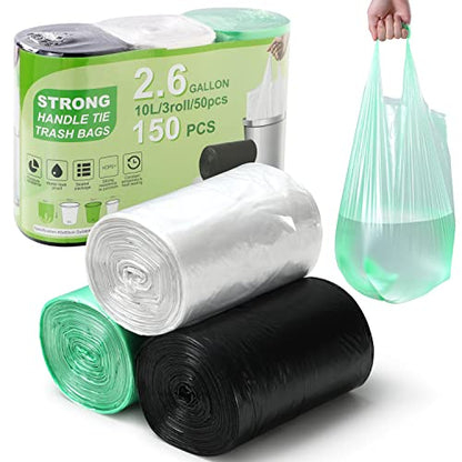 2.6 Gallon Trash Bag 150 Count, Unscented Strong Handle Tie Garbage Bags Fit 10 Litter Trash Can, Three Colors for Kitchen, Bathroom, Bedroom, Office (Green, White, Black)