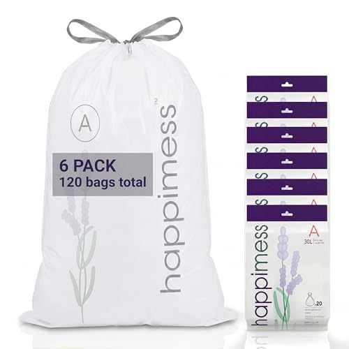 happimess 8 Gallon (30L) Drawstring Trash Bags, Lavender Scent, White, Heavy Duty MDPE Liners for Kitchen and Household, Odor Control, Custom Fit 120 Count (6 Packs of 20 Liners) HPM3101A-W-6SET - color: White (Lavender Scented), size: 120 Count (Pack of