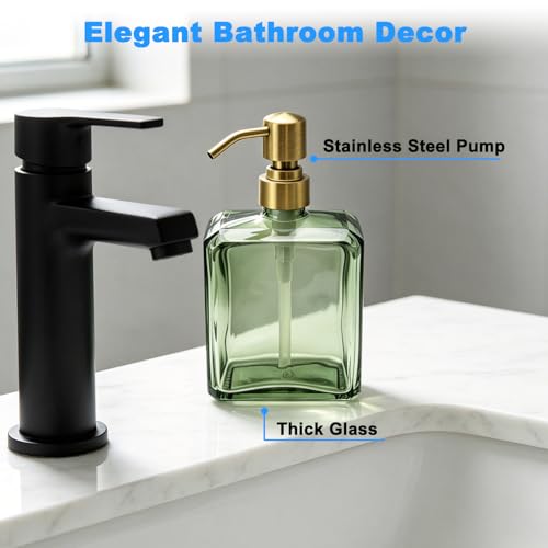 Green Glass Soap Dispenser Square 13.5 oz | Refillable, Rectangular, Rust Proof Stainless Steel Pump, For Bathroom Vanity & Kitchen Countertop - color: Green Bottle and Brushed Gold Pump, size: 13.5oz-Square
