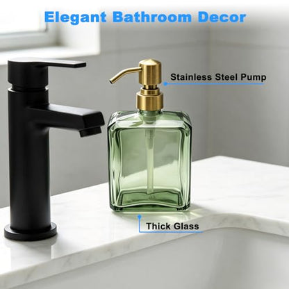 Green Glass Soap Dispenser Square 13.5 oz | Refillable, Rectangular, Rust Proof Stainless Steel Pump, For Bathroom Vanity & Kitchen Countertop - color: Green Bottle and Brushed Gold Pump, size: 13.5oz-Square