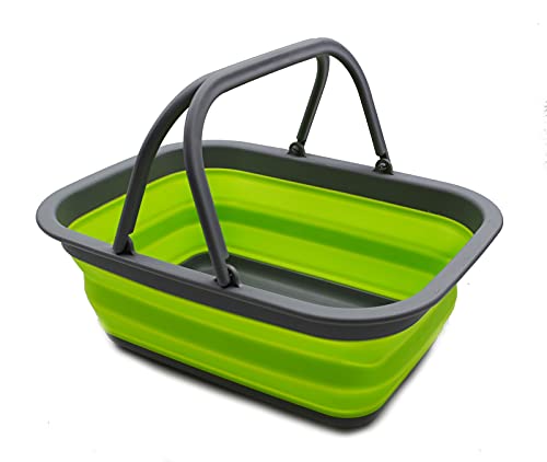 SAMMART 9.2L (2.37Gallon) Collapsible Tub with Handle - Portable Outdoor Picnic Basket/Crater - Foldable Shopping Bag - Space Saving Storage Container (1, Dark Gray/Fluorescent Green) - color: Dark Gray/Fluorescent Green