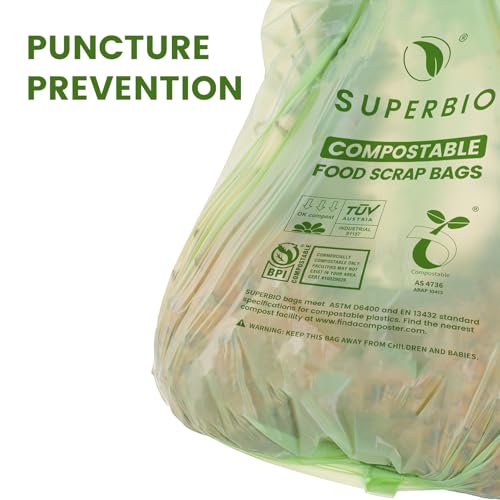 SUPERBIO 2.6 Gallon Compostable Bags with Handles, 100 Count,1 Pack, Food Scrap Bags Certified by BPI and OK compost INDUSTRIAL, 9.84L - color: 2.6 Gallon with Handles, 100 Count