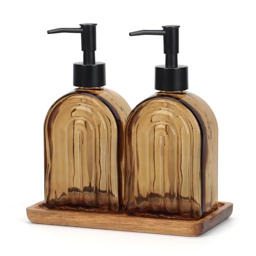 Glass Soap Dispenser Set with Wooden Tray, 13.5Oz Refillable Liquid Modern Soap Dispenser with Plastic Pump for Hand and Dish Set for Bathroom Countertop Decor (Dark Brown) - color: Brown Thick Rainbow