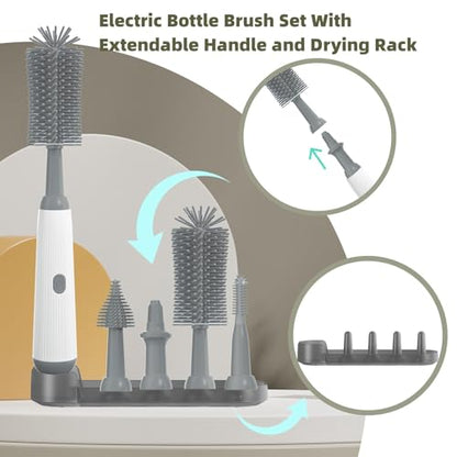 Electric Baby Bottle Brush Cleaner with Extended Handle & Drying Holder, Baby Bottle Brush Set with Silicone Bottle/Nipple/Crevice/Brush,Straw Cleaner,Lifesaver Automatic Bottle Cleaner,Gray - color: Gray White